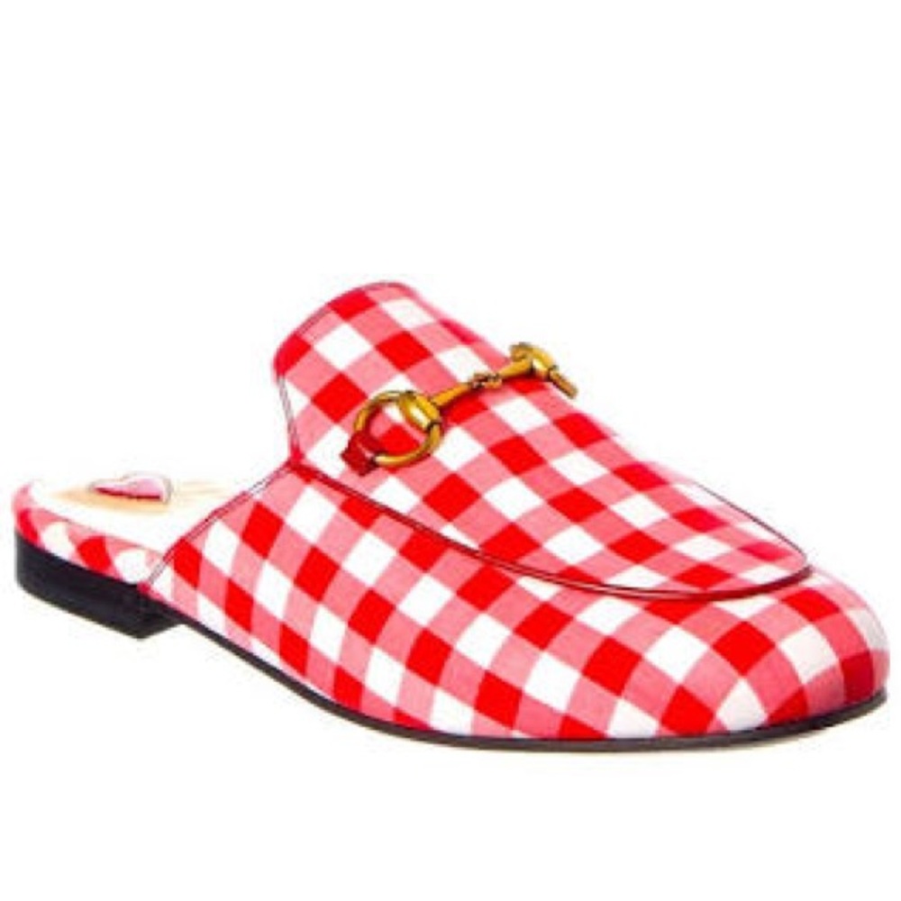 Gucci Red and White Gingham Mules with Gold Horsebit